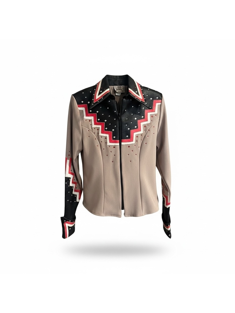 Vintage Western Tan Black & Red Rhinestone Zip-Front Shirt Jacket